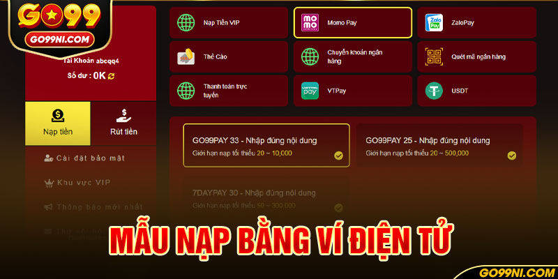 Mẫu nạp bằng ví điện tử